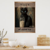 Grappige lieve zwarte kat drinkt melk poster (Keuken)