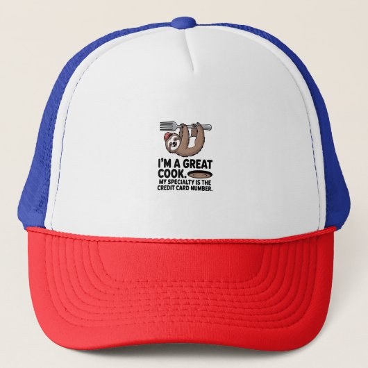 Grappige Luiaard Cook Hanging on a Fork Trucker Pet (Voorkant)
