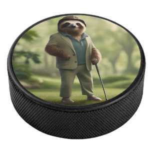 Grappige luiaard golfspeler, hockey puck