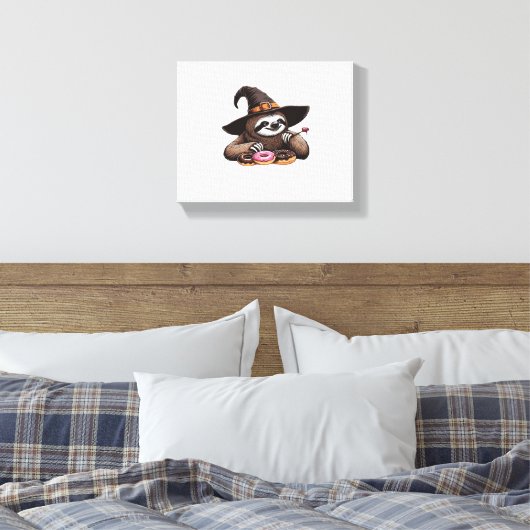 Grappige luiaard in heks Pet genieten van donuts - Canvas Afdruk (Insitu (Slaapkamer))