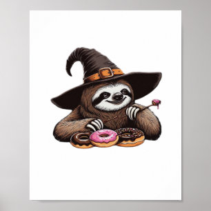 Grappige luiaard in heks Pet genieten van donuts - Poster