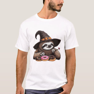 Grappige luiaard in heksenhoed die donuts eet - Cu T-shirt