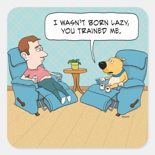 Grappige luie hond in stoel vierkante sticker (Voorkant)