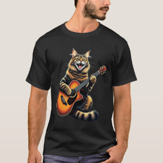 Grappige Maine Coon Kat die Gitaar Speelt Ontwerp  T-shirt
