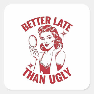 Grappige make-up woordspeling, glam meisje humor, vierkante sticker