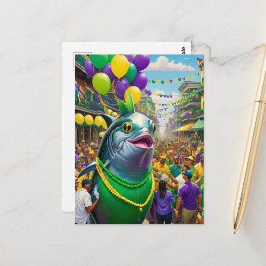 Grappige Mardi Gras Vis Briefkaart (Voorkant / Achterkant in situ)