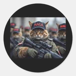 Grappige Mega Cat met geweer - Humoristische Donal Ronde Sticker