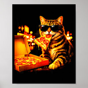 Grappige meme kat meme met zonnebril eet pizza poster