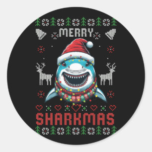 Grappige Merry Sharkmas Lelijke Kerstmis Haai Drag Ronde Sticker