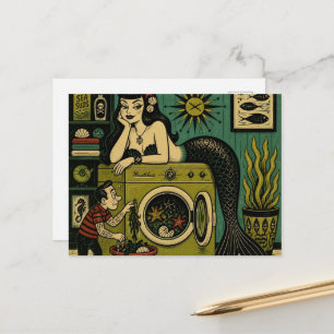 Grappige Mid Century Zee Sirene Wasdag Briefkaart