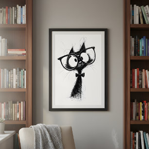 Grappige Minimalistische Whimsical Nerd Kat met Br Poster