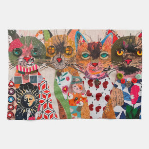 Grappige Mixed Media Papieren Kat Keukenhanddoek