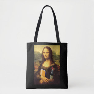 Grappige Mona Lisa met Boek en Wijn Draagtas