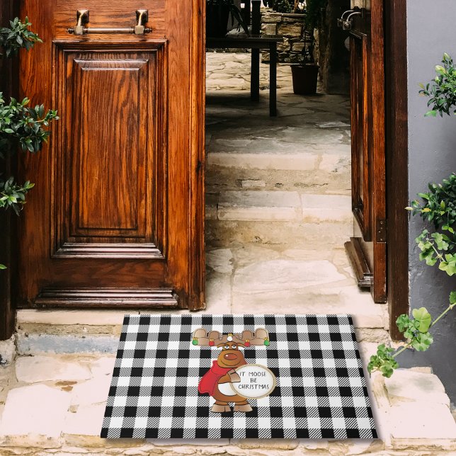 Grappige Moose Zwart Wit Buffel Check Kerstmis Deurmat (Creator heeft geüpload)
