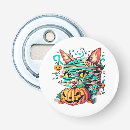 Grappige Mummie Kat Halloween Button Flesopener (Voorkant)