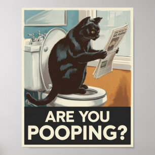 Grappige muurkunst - poep je? Kat op het toilet Poster