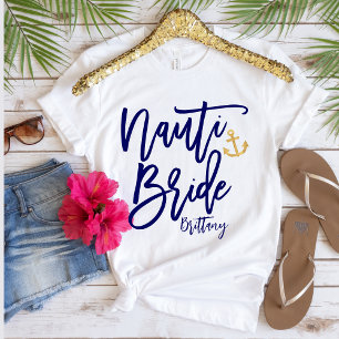 Grappige Nauti Bruid Blauw Moderne Calligrafie T-shirt