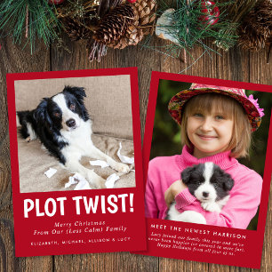 Grappige Nieuwe Puppy Familie Foto Rode Kerst Feestdagenkaart