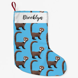 Grappige nieuwsgierige coati cartoonillustratie kleine kerstsok