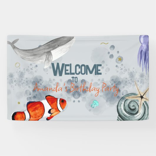 Grappige Ocean Animals Kids Verjaardagsfeestje Bla Spandoek (Horizontaal)
