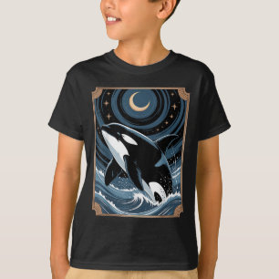Grappige Ocean Orca Whale springen op een Tarot Ka T-shirt