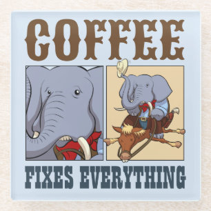 Grappige olifantenkoffie repareert alles Cartoon Glazen Onderzetter