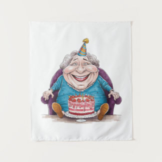 Grappige oma enorme cake & cadeau in geld wandkleed