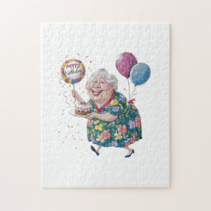 Grappige oma verjaardagstaart en ballon legpuzzel