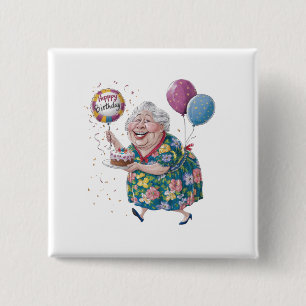 Grappige oma verjaardagstaart en ballon vierkante button 5,1 cm