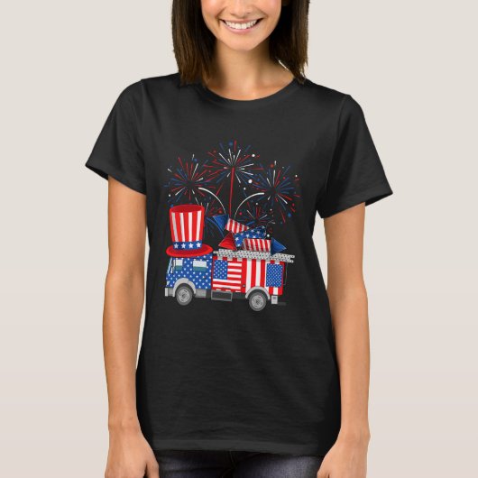 Grappige oom Sam Firetruck en Vuurwerk VS Vlag 4 T-shirt (Voorkant)