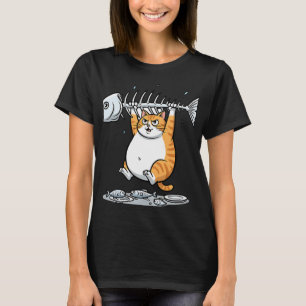 Grappige oranje kat die vis skelet vasthoudt carto t-shirt