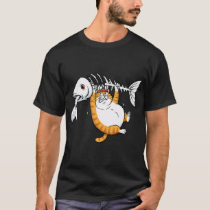 Grappige Oranje Kat met Vissen Skelet Cartoon C T-shirt