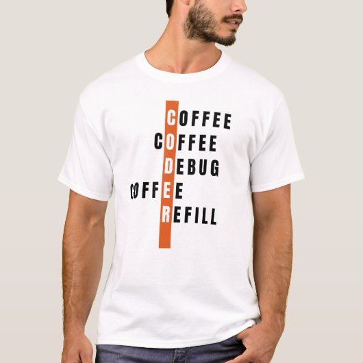 Grappige Oranje programmeur Coffee Debug Navulling T-shirt (Voorkant)