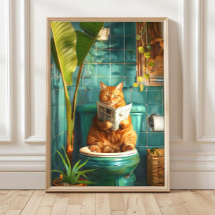 Grappige oranje tabby kat op toilet print, badkame poster