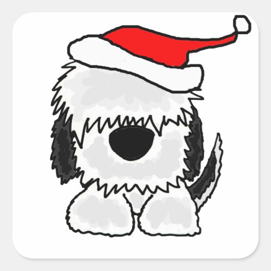 Grappige Oud-Engelse herdershond in Santa Hat Vierkante Sticker (Voorkant)