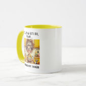Grappige oude dame bakker koffie mok (Voorkant links)