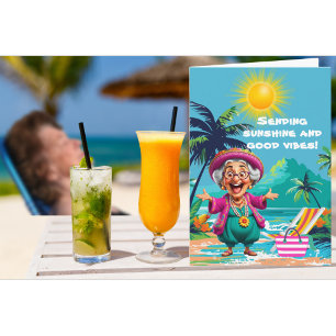 Grappige oude dame die zonneschijn en goede vibes  kaart