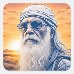Grappige oude hippie, biker dude, backpacker vierkante sticker