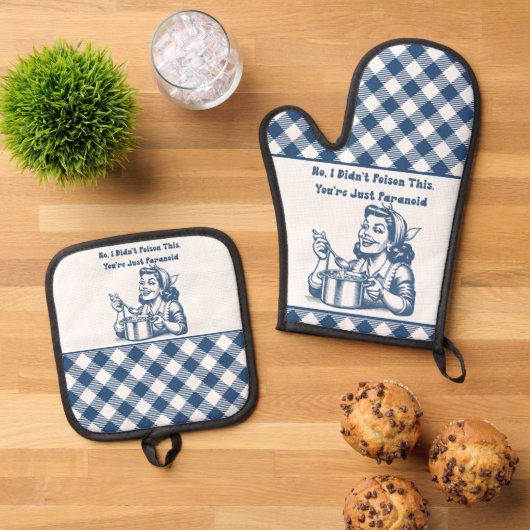 Grappige Oven Mitt en Pot Houder Set Retro Plaid (Top down)