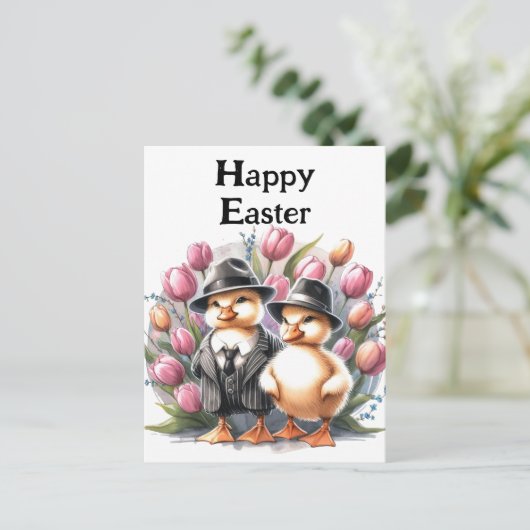 Grappige paaseendjes in pakken roze tulp briefkaart (Staand voorkant)