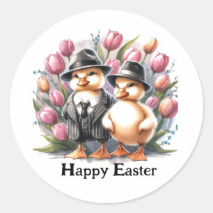 Grappige  paaseendjes in pakken roze tulp ronde sticker
