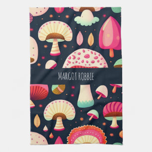 Grappige paddenstoel roze blauw isometrisch patroo theedoek