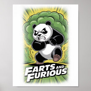 Grappige panda die rent en een scheet laat op een poster