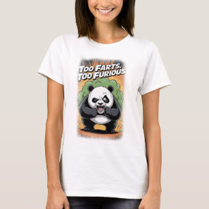 Grappige panda die scheten laat op een zwarte t-shirt