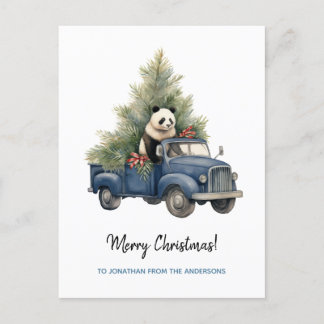 Grappige Panda in Blauwe Retro Vrachtwagen Xmas Feestdagenkaart