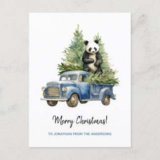 Grappige panda in blauwe vintage bus Kerstmis Feestdagenkaart