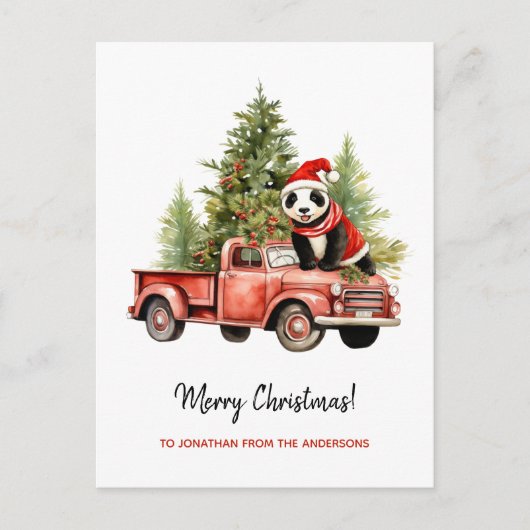 Grappige Panda in Rode Retro Van Xmas Feestdagenkaart (Voorkant)