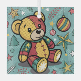 Grappige Patchwork Kerst Teddy Bear Glas Ornament