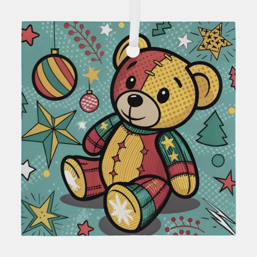 Grappige Patchwork Kerst Teddy Bear Glas Ornament (Achterkant)