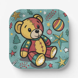 Grappige Patchwork Kerst Teddy Bear Papieren Bordje